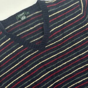 J. Crew Striped V Neck Lambswool Sweater XL Navy Red Green Cream Casual
